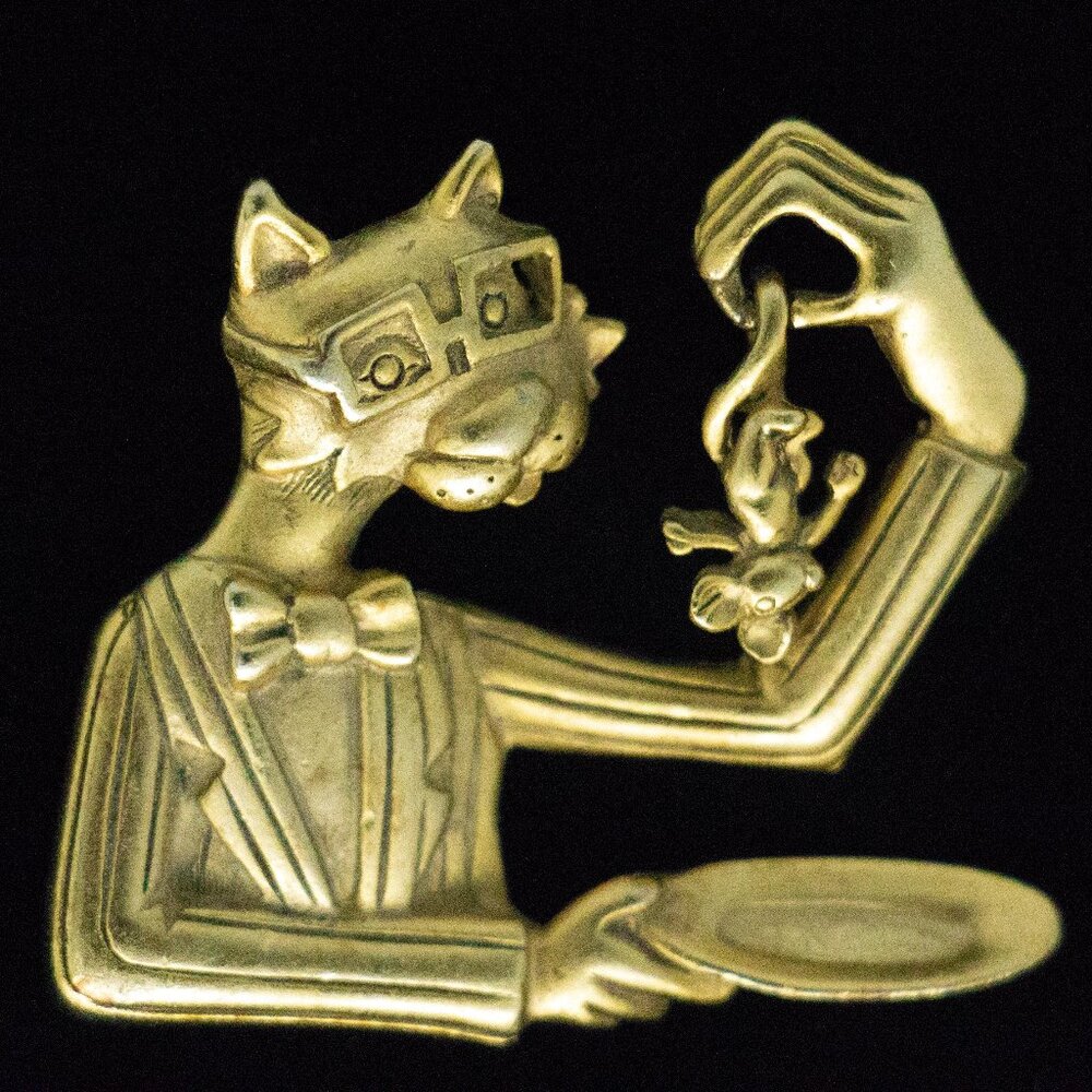 Signed Ajc Cat In Suit With Mouse Brooch - Joct1 - image 1